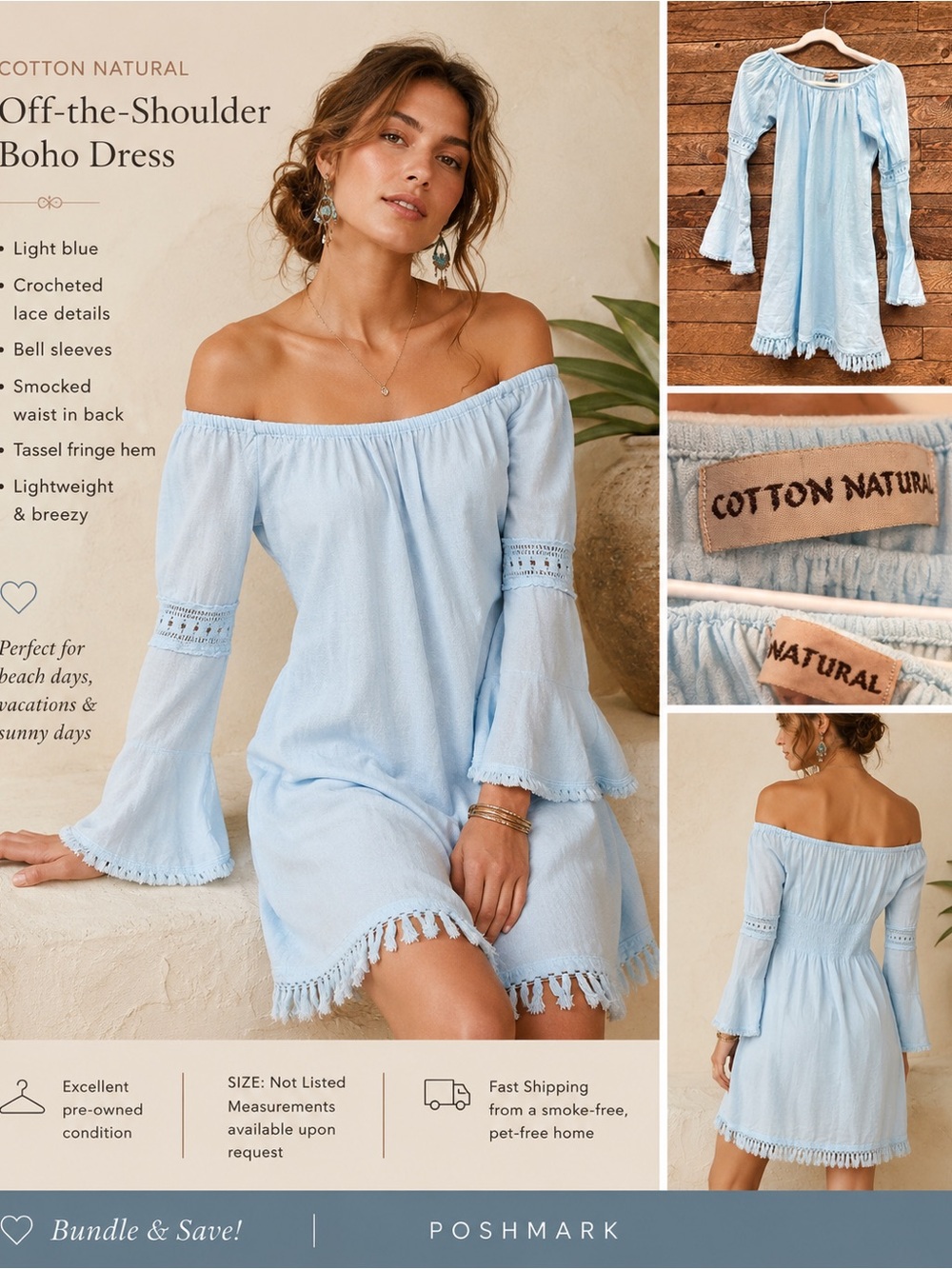 Cotton Natural Light Blue Off-the-Shoulder Boho Dress | Tassel Hem | Size L